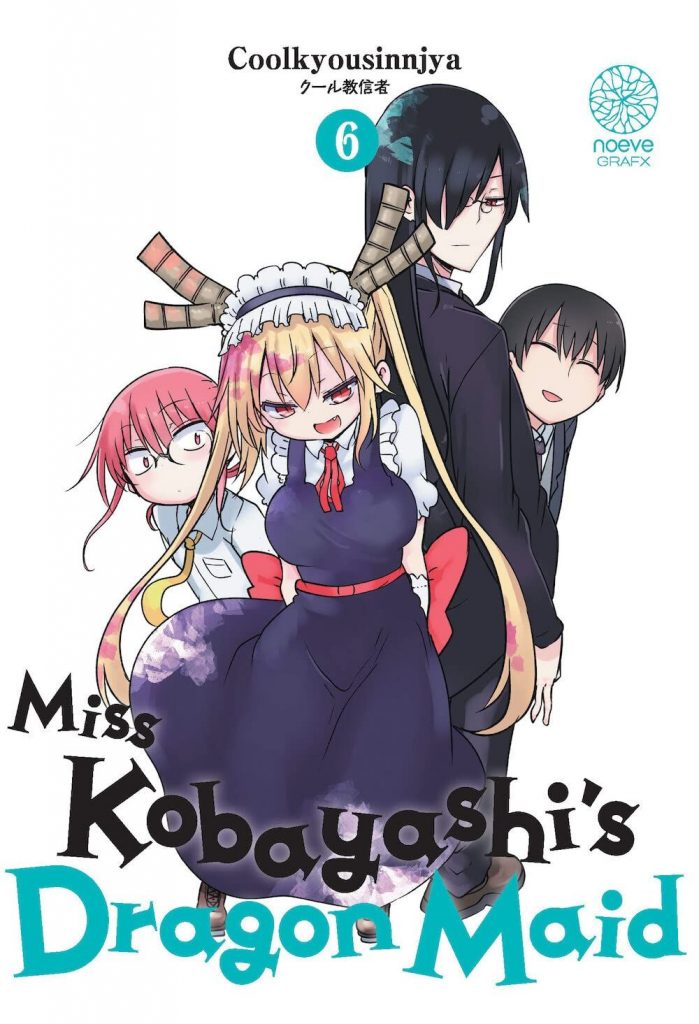 Couverture française du 6è tome de Miss Kobayashi's Dragon Maid. On y voit Thor, avec une expression un peu midinette, au premier plan, dans sa tenue habituelle de maid. Au second plan, de 3/4 dos, Fafnir, et au troisième plan, Kobayashi et Takiya.
