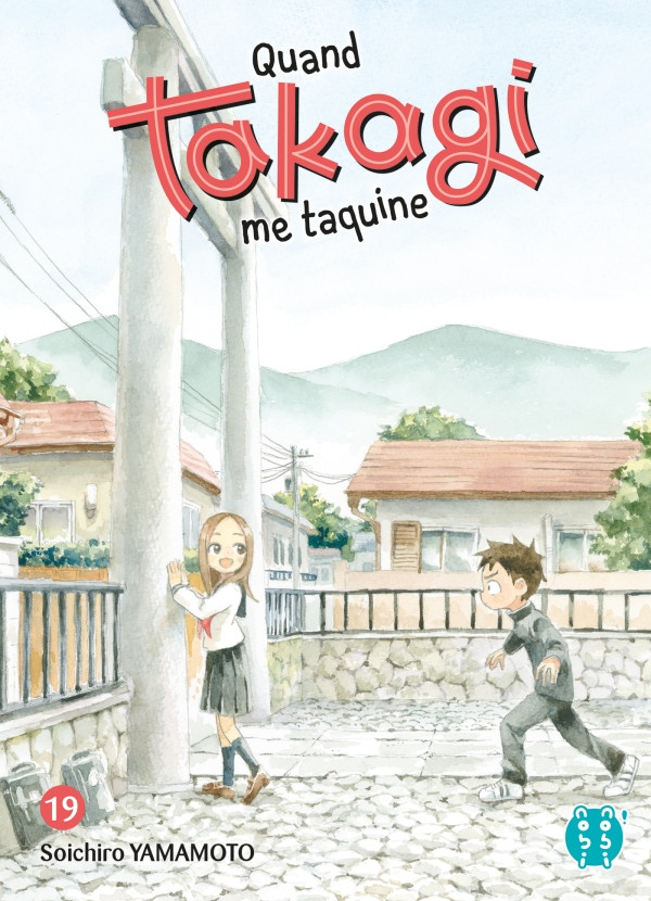 Couverture française du 19è tome de Quand Takagi me taquine. Sur le chemin du retour du collège, Nishikata et Takagi se sont arrêtés au sanctuaire pour jouer à 1 2 3 soleil. Takagi compte contre un pilier du torii d'entrée, alors que Nishikata approche discrètement.